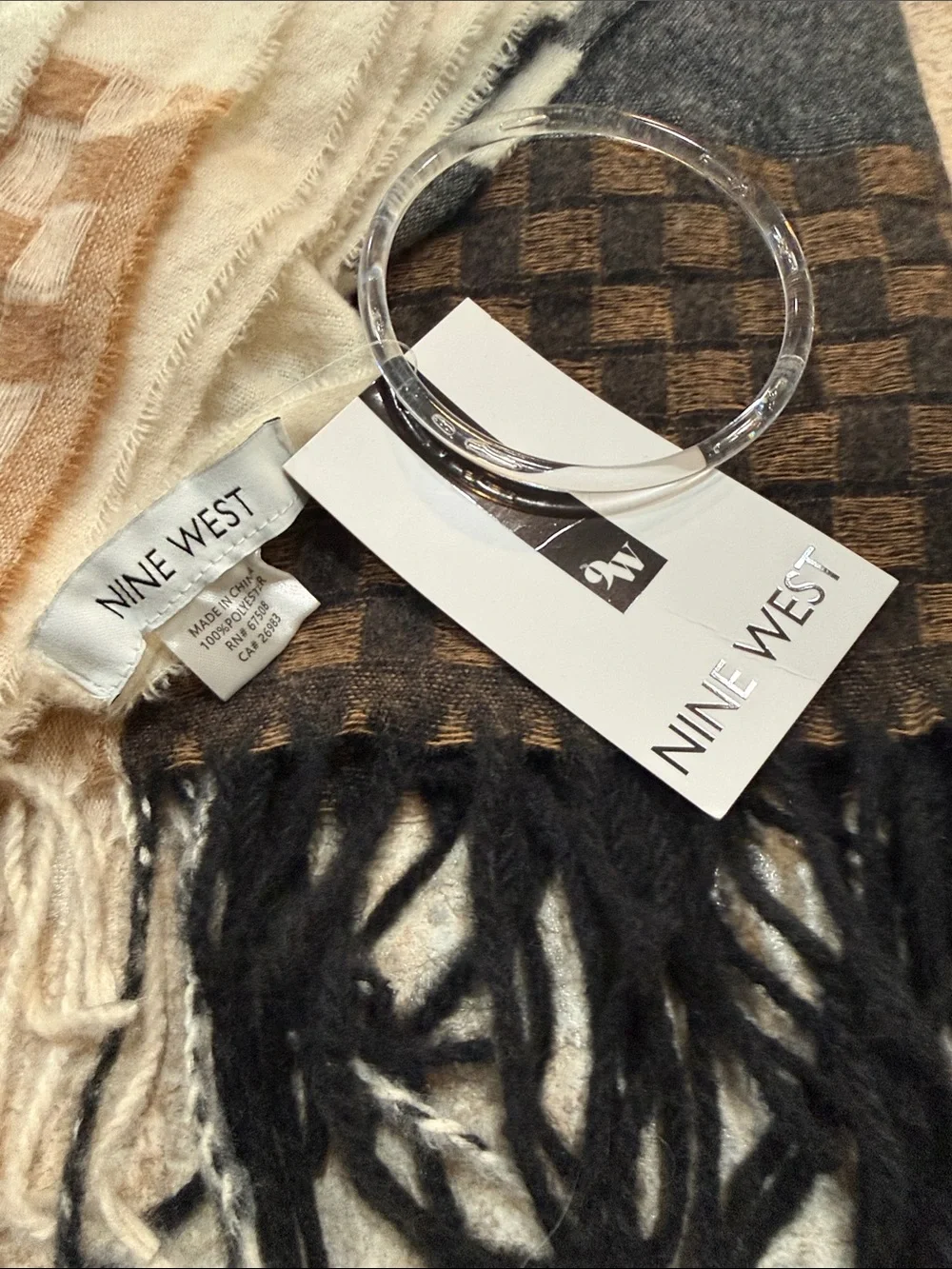 Nine West Checked Fringe Scarf in Cream, Tan & Black